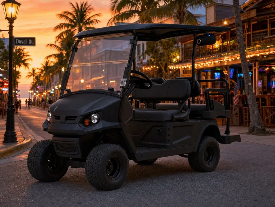 A black street-legal golf cart parked on Duval Street at sunset under string lights